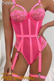 Znbbw Sexy Red Bodysuit Women Bodycon Lace Hollow Out Underwire Lingerie Body Sleeveless Top High Cut Bodysuit with Crotch