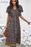 Znbbw Dress Women 2023 New V Neck Button Vintage Floral Printed Bohemian Maxi Dresses Woman Casual Beach Holiday Dress Vestido