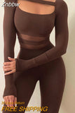 Znbbw Women Autumn Winter Long Sleeve Bodycon Mesh See Brown Through Jumpsuit Overalls 2023 Fall Clothes Wholesale Items