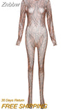 Znbbw Sexy Mesh See Through Long Sleeve Jumpsuit Women Summer Slim Patchwork One Piece Party Club Evening Bodycon Overall