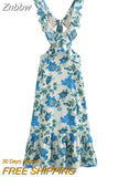 Znbbw TRAF Summer Elegant Dress Casual Strap Ruffles Tassel Printing Slim LongSling Backless Dress For Women