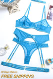 Znbbw Set Woman 4 Pieces Sexy Erotic Lingerie Underwear Bra Garters Brief Sets Transparent Lace Seamless Blue Setup Ladies