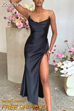 Znbbw Sexy Satin Spaghetti Strap Hight Split Long Dress Women Robe Elegant Sleeveless Backless Midi Dresses Vestido