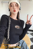 Znbbw Korean Fashion Cropped Sweater Women Vintage Hip Hop Sexy Slim Hollow Out Pullover Casual Chic Knitwear Y2K Tops Grunge
