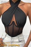 Znbbw Sexy Hollow Out Criss-Cross Halter Mesh Corset Top Women Clubwear 2023 Summer Clothes Backless Black Tank Tops