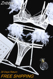 Znbbw Feather Lingerie Sexy Porn Underwear Women Body Transparent Bra Metal Chain Lace Exotic 3-Piece Set Luxury Intimate