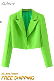 Znbbw Women Fashion Solid Single Button Cropped Blazer Vintage Long Sleeves Notched Neck Female Office Lady Outfits