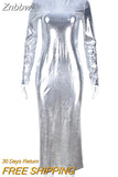 Znbbw Silver Bright Metallic Party Bodycon Midi Dress Women Long Sleeve Turtleneck Casual Elegant Club Vestidos 2023 Fashion