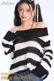 Znbbw Y2k Punk Rock Zipper Sexy Off Shoulder Sweaters Women Gothic Black Grey Stripes Broken Hole Loose Knitted Jumpers