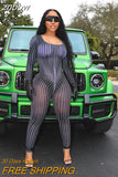 znbbw Summer Sexy Mesh Striped Print Jumpsuit Club Outfit For Women 2023 Long Sleeve One Pieces Jumpsuit Female Black Jumpsuit