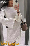 Znbbw TRAF Spring Hollow Out Knitted Women Sweater Dress Long Flare Sleeve Slim Crew Neck Female Mini Dresses
