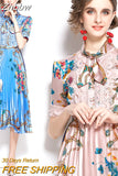 Znbbw Summer Runway Designer Bow Neck Pleated Dress Women Lace Patchwork Floral Print Elegant Holiday Midi Dress Vestidos