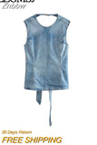 Znbbw TRAF 2023 Women Tops Fashion New Bowtie Denim Backless Casual Sexy Sleeveless Tops Woman Female Top