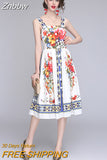 Znbbw Designer 2023 Summer Dress Women Flower Printed Spaghetti Strap Buttons up A-Line Holiday Party Beach Dress N1559