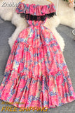 Znbbw Women Summer Dress Off Shoulder Open Shoulder Lotus Leaf Edge Close Waist Slim Print A-line  Big Hem Long Dress D2803