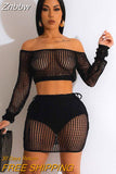 Znbbw Knitted Hollow-out Two-piece Set Sexy Women Long Sleeve Crop Top Slim Mini Skirt Outfit Summer Beach Holiday Sunscreen Suit