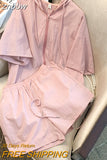 znbbw Shorts Suit hooded Collar Short Ssleeve Zipper Hoodie Top +Hight waist Casual Wide Leg Shorts Two-piece Set 2023 Summer