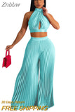 Znbbw Women Pleated Halter Lace Up Sleeveless Pant Suits 2023 Summer New Party Outfits Lady Fashion Top Wide Leg Pants Two Piece Set