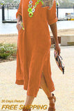 znbbw Pocket Long Sleeve Loose Slit Beach Dresses 2023 Harajuku Breathable Cover-Ups Vintage Women Solid Cotton Linen Sundress