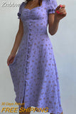 Znbbw Vintage Puff Sleeve Floral Dress Women Side Split Long Dress Female Boho Beach Holiday Dress Retro Print Sundress Vestido