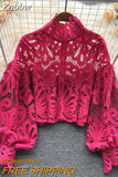 Znbbw 2023 New Fashion Blouse Female Hollow Lantern Sleeve Temperament Blusa Stand-up Collar Slim Short Lace Shirt C342