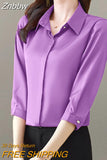 Znbbw Korean Fashion Women's Blouses Office Lady Simple Purple Wine White Satin Shirts Comfortable 3/4 Sleeve Silk Tops Women