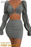 Znbbw Women Two-Piece Skirt Suits Chic Spring Summer Puff Long Sleeve Cutout Tie Up Crop Tops+Wrap Mini Skirts Party Outfits