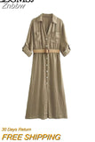 Znbbw TRAF Khaki Shirt Midi Dress Woman Belt Button Long Dress Women Office Dresses for Women 2023 Turn Up Sleeve Casual Dress