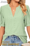 Znbbw Solid Lace Woman Shirt Elegant Hollow Puff Short Sleeve Pullover Blouse Women Casual V-neck Loose Lady Tops Blusas 24698