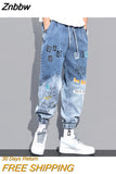 Znbbw street creative printing letter fashion trend jeans for men and women hip-hop high street spring and autumn loose jeans