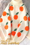 Znbbw Orange Print Women O Neck Sweater 2023 Autumn Winter Warm Pullovers Top Soft Female Jumper Knitwear Outfits Pull