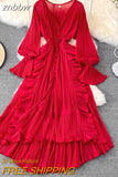 znbbw Autumn New Holiday Style Ankle Length Long Dresses Women Sexy V Neck Puff Sleeve Lace Elegant Evening Party Summer Dress