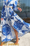 Znbbw Vintage Printed Seaside Beach Dress Fashion Long Sleeve Button V Neck Long Dresses Spring Casual Office Women Loose Dress