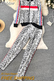 Znbbw Women Stripe Zipper Knitted Cardigans Jacket Sweaters + Pencil Pants Sets Woman Fashion Jumpers Trousers 2 PCS Costumes Outfit