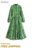 Znbbw TRAF Summer Fashion Green Printed Women Casual Shirt Robe Dress With Belt Wrist Sleeve High Waist Female Midi Dress