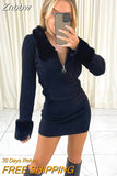 Znbbw Women Autumn Winter Long Sleeve Fur V Neck Bodycon Knitted Mini Dress 2023 Fall Clothes Wholesale Items For Business