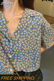 znbbw Vintage Floral Printing Button Up Women Shirt Notched Neck Short Sleeve Womens Blouse 2023 Summer Loose Tunic Female Shirts