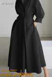 znbbw New Oversized Elegant Women Spring Sundress Fashion Lapel Neck Long Sleeve Solid Long Shirt Dress OL Vestidos Robe Femme