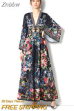 Znbbw Sexy Deep V Neck Holiday Dress 2023 Spring Women's Long Flare Sleeve Buttons Up Floral Print Split Long Party Robe