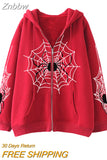 Znbbw Women's Halloween Casual Hooded Coat Long Sleeve Spider Web Print Zip Up Hoodie with Pockets