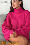 Znbbw Women Oversized Turtleneck Sweaters Thick Elegant Autumn Winter 2023 Fashion Long Sleeve Sweaters Rose Red Female Jumper Tops