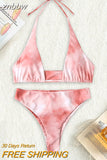 znbbw Micro Bikinis 2023 New Swimsuit High Waist Women Thong Swimwear Tie Dye Bikini Set Halter Lace Up Bathing Suit Beach Wear