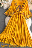 Znbbw Dress New Holiday Bohemian Dress Ethnic Style Cotton Linen Embroidery Lace Waist O- Neck Flared Sleeve Dress GD702