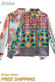 Znbbw Spring 2023 Women Vintage Print Shirt Long Sleeve Single Breasted Blouse Chic Female Satin Tops Blusas Mujer 202306