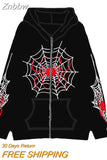 Znbbw Women's Halloween Casual Hooded Coat Long Sleeve Spider Web Print Zip Up Hoodie with Pockets