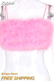 Znbbw Pink Faux Fur Sleeveless Rave Festival Party Cami Top Women Clothes Summer Spaghetti Strap Slim Fit Bustier Crop Tops