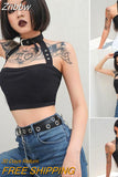 Znbbw Punk Style Choker Halter Crop Top Women Fashion Slim Fit Club Fashion Black Camis Buckle Tops Summer Tank Tops Streetwear