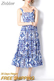 Znbbw Fashion Runway Summer Gorgeous Floral Dress Women's Spaghetti Strap Blue and White Porcelain Print Vacation Dress