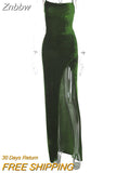 Znbbw Elegant Evening Party Maxi Dress Spaghetti Strap Bodycon Split Sexy Women Backless Green Velvet Dresses