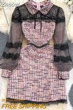 Znbbw Designer Pink Plaid Bow Tie Tweed Dress Autumn Winter Women Long Sleeve Sequins Mesh Patchwork Vintage Short Dress